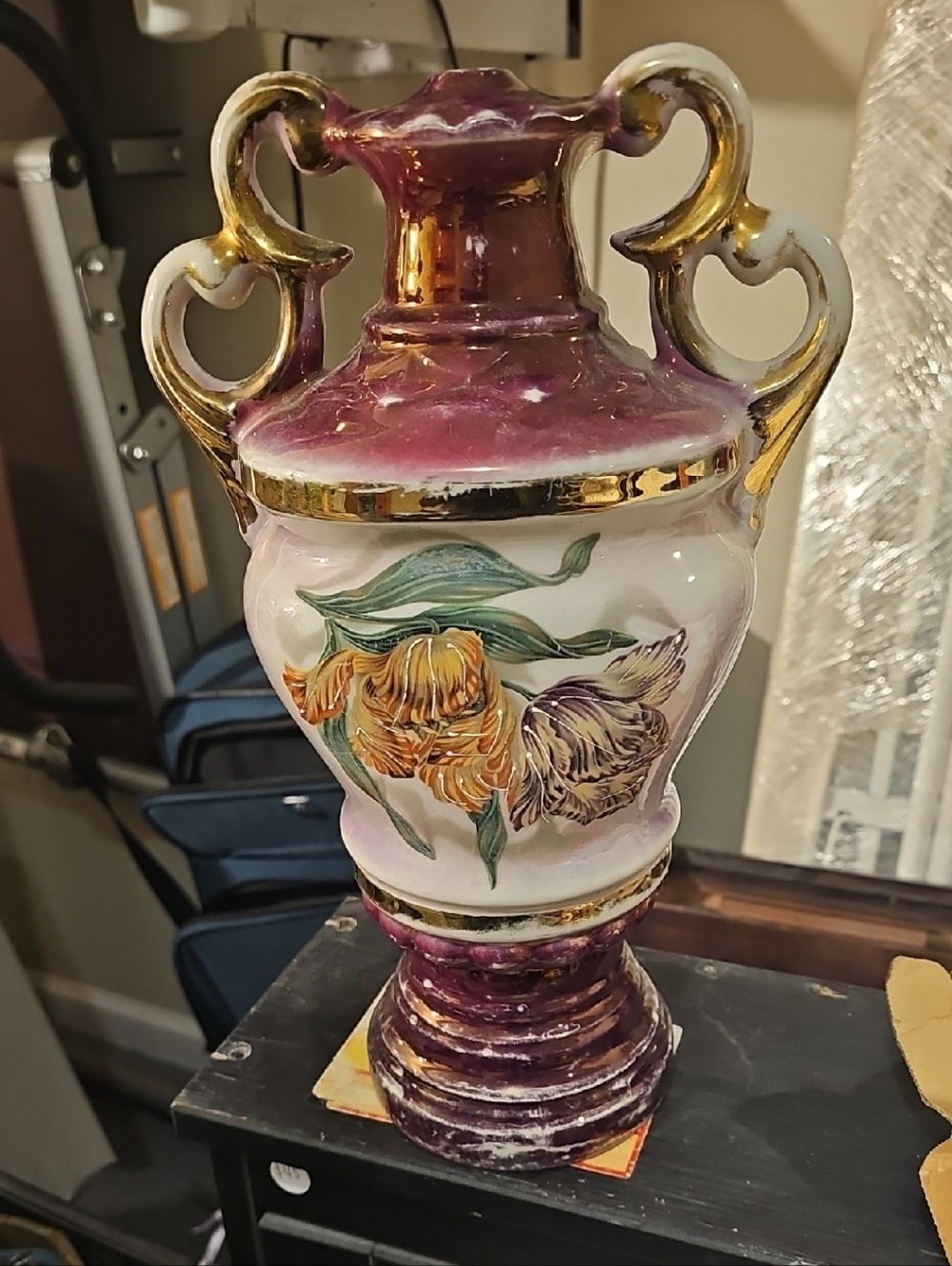 Hand-Painted Purple and Gold Floral Ceramic Urn Vase